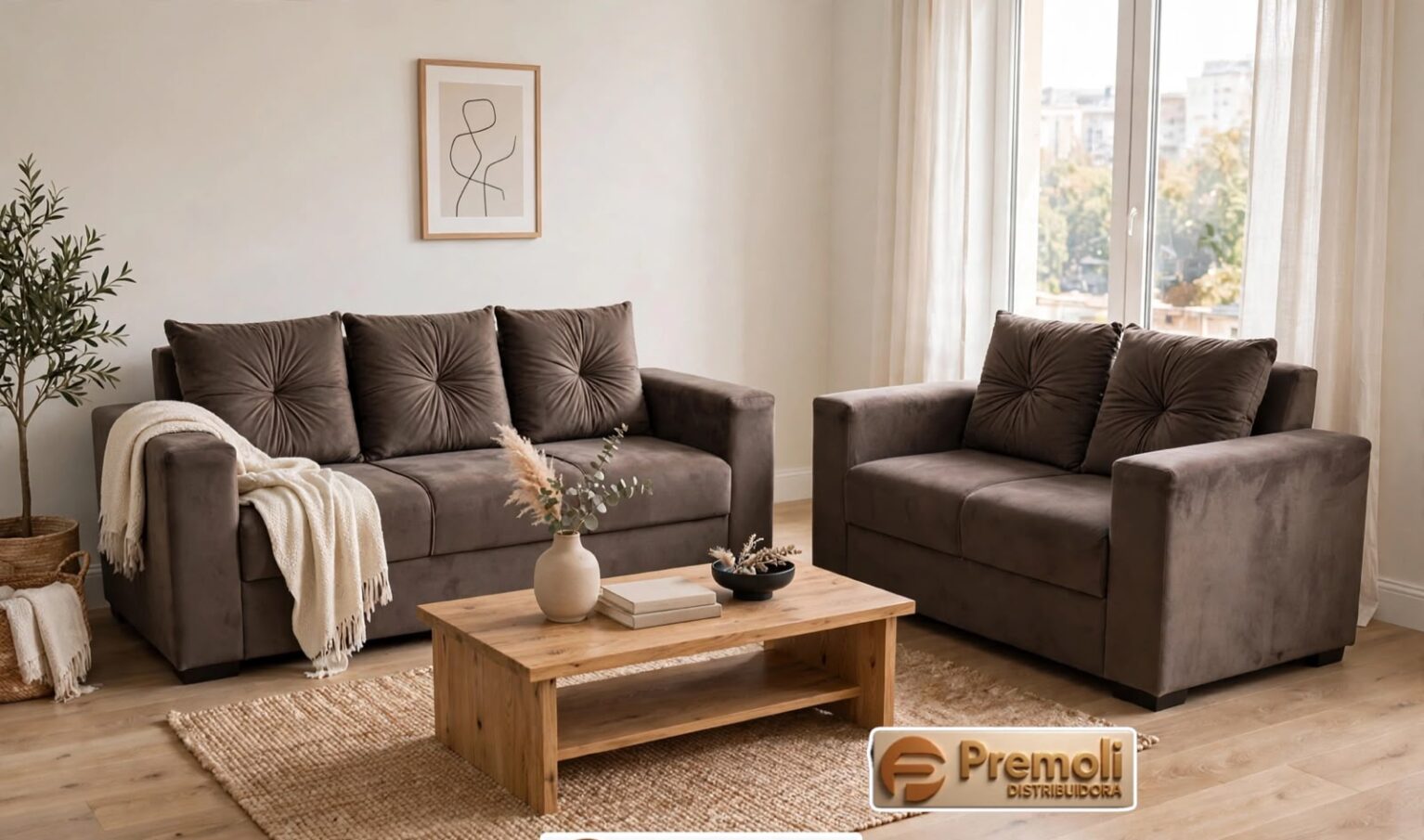 Sofa Pop Bela 2 /3 Lugares Cor Marrom Escuro – almofadas soltas Pés em Madeira Variação de Tonalidade