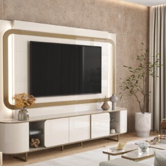 Home Sala 240cm Para TV 75 Pol Atlanta Lukaliam Off White Dourado