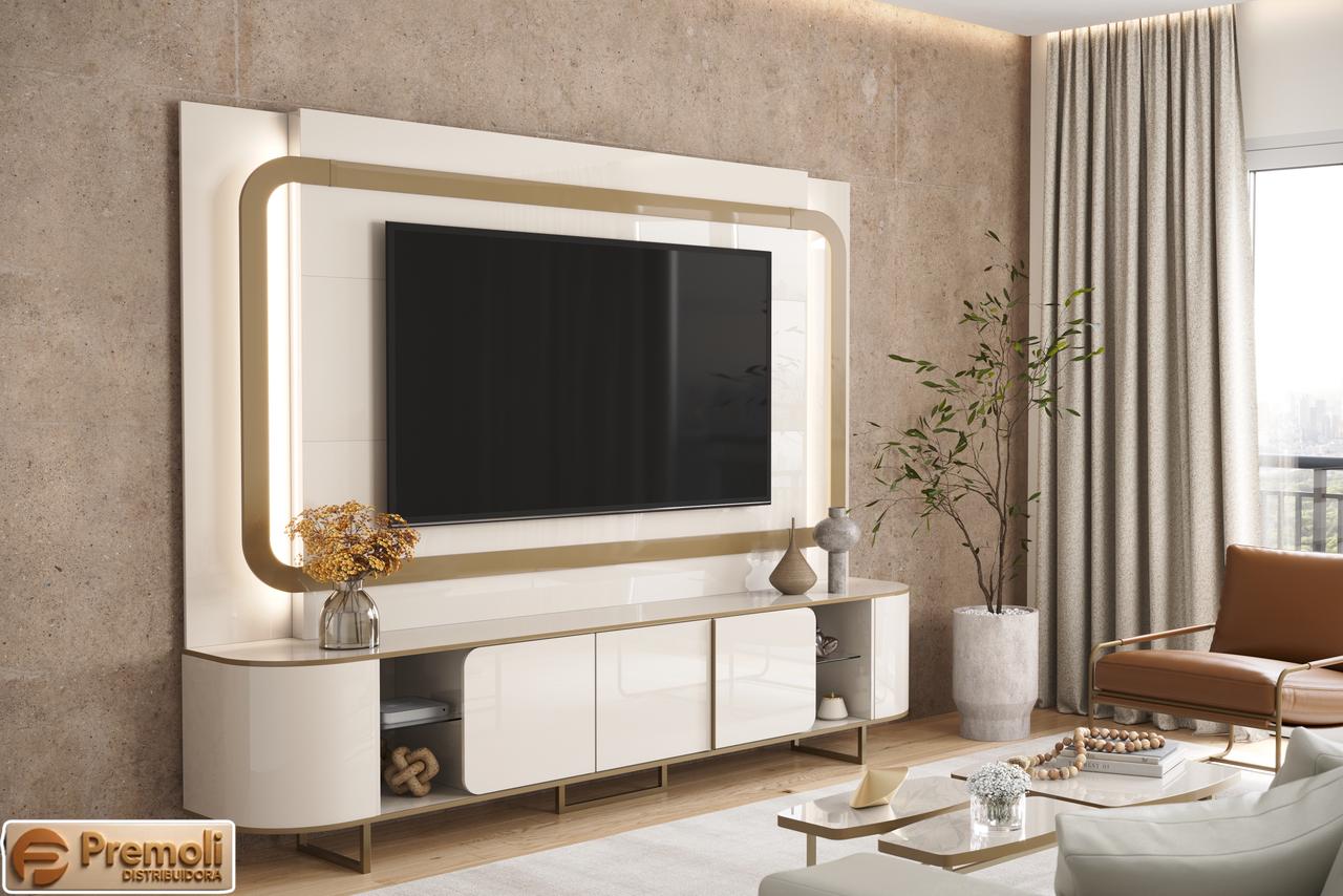 Home Sala 240cm Para TV 75 Pol Atlanta Lukaliam Off White Dourado