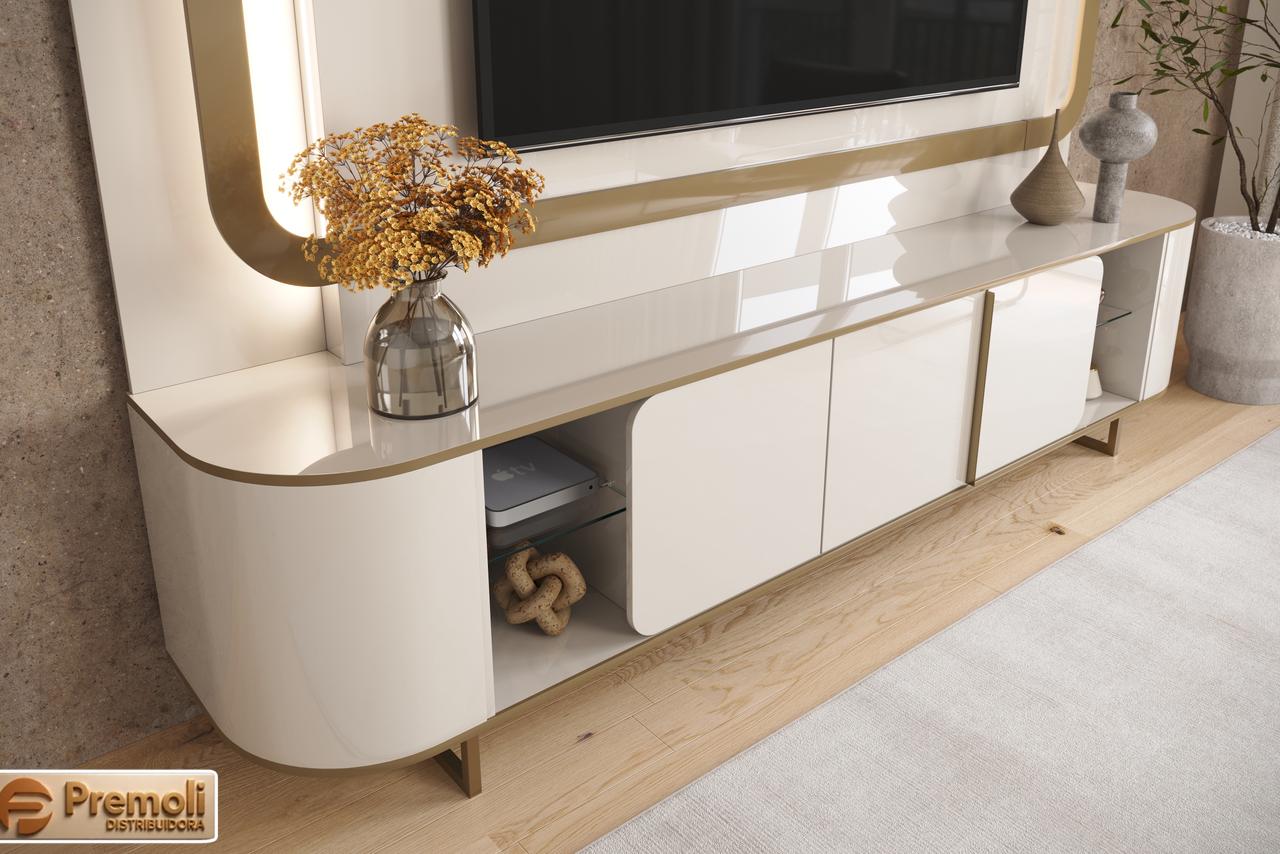 Home Sala 240cm Para TV 75 Pol Atlanta Lukaliam Off White Dourado - Imagem 4
