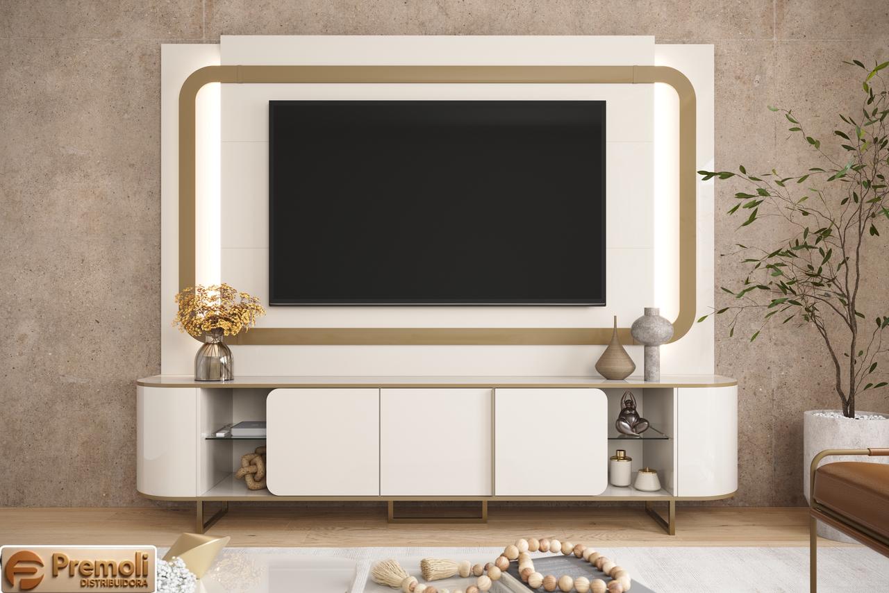 Home Sala 240cm Para TV 75 Pol Atlanta Lukaliam Off White Dourado - Imagem 5