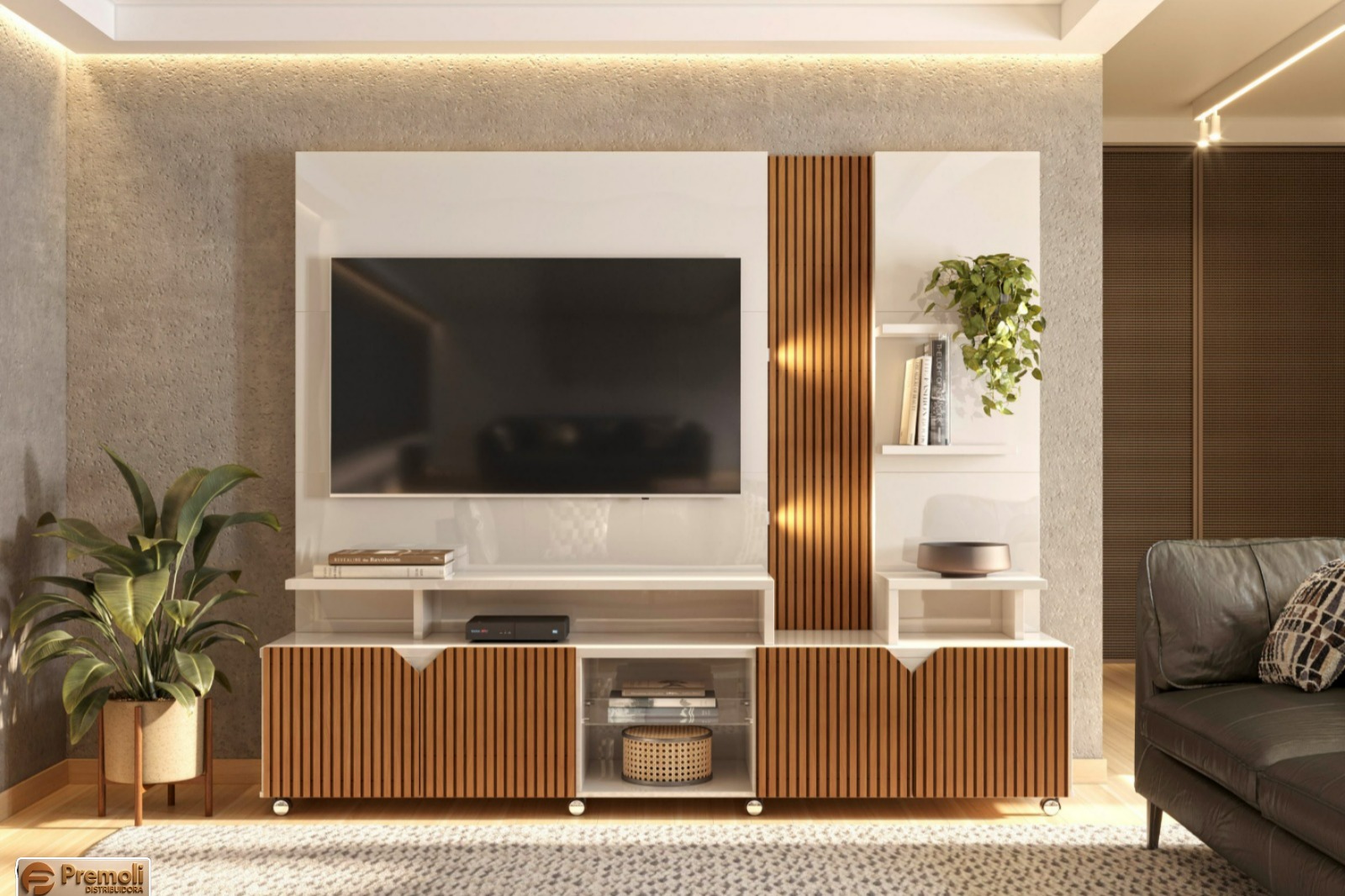 Estante Home Cross Para Sala Tv Até 55 Ripado 2,10m Lukaliam Cor Off White Perolizado/tauari Ripado