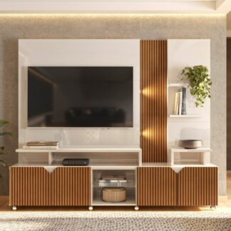 Estante Home Cross Para Sala Tv Até 55 Ripado 2,10m Lukaliam Cor Off White Perolizado/tauari Ripado