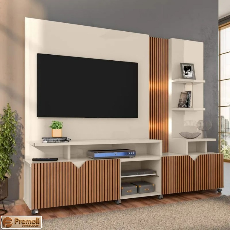 Estante Home Cross Para Sala Tv Até 55 Ripado 2,10m Lukaliam Cor Off White Perolizado/tauari Ripado - Imagem 2