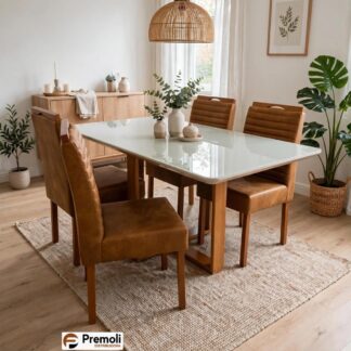 Mesa Safira Em Madeira Maciça 1.20×80 C. Vidro 4 Cadeira Linhas Couro Caramelo Movelart