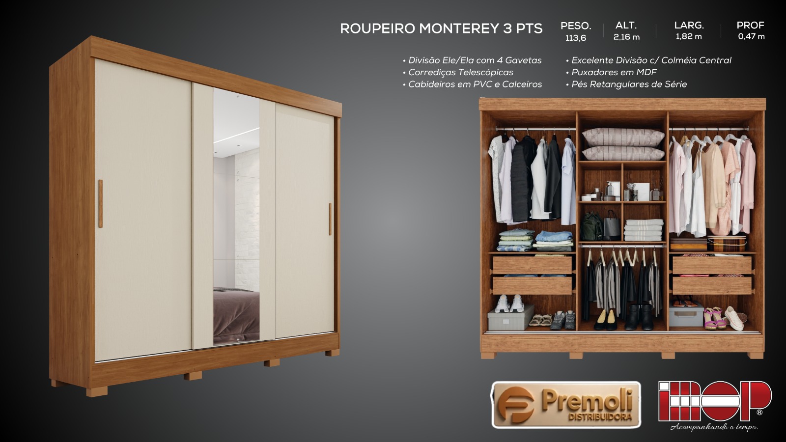 Roupeiro Monterrey 3 Portas De Corre Cinamomo/Arenas da Móveis Imop