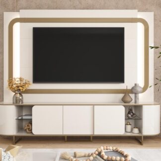 Home Sala 240cm Para TV 75 Pol Atlanta Lukaliam Off White Dourado