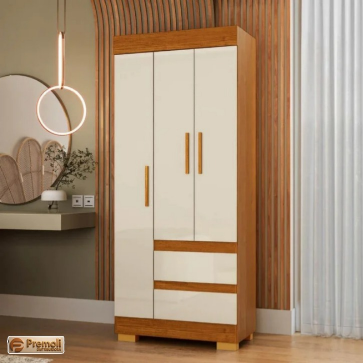 Roupeiro Maya 3 Portas com Pés - Cinamomo/off White acp