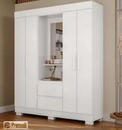Roupeiro Capelinha Isabely 4 Portas C/Espelho e Pés – Cor Branco - ACP Moveis
