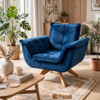 Poltrona Decorativa Opala Giratoria C/ Fibra Siliconada Suede Cor Azul