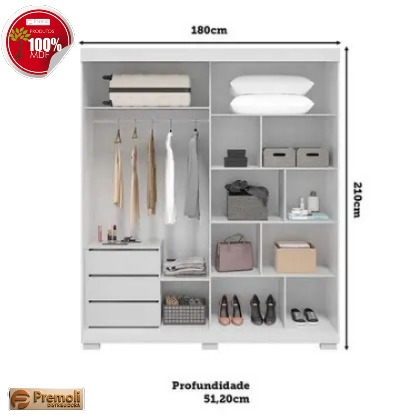 Roupeiro Athenas 2 Portas De Correr 3 Gavetas com Espelho 100 Mdf Branco Acp Móveis - Imagem 3