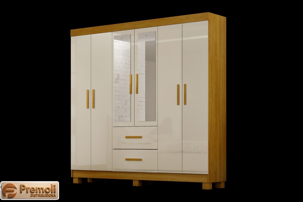 Guarda Roupa Cali 6 Portas 2 Gavetas C/Kit Pes C/Espelho Cor Cinamomo/Off CHF Móveis - Imagem 3