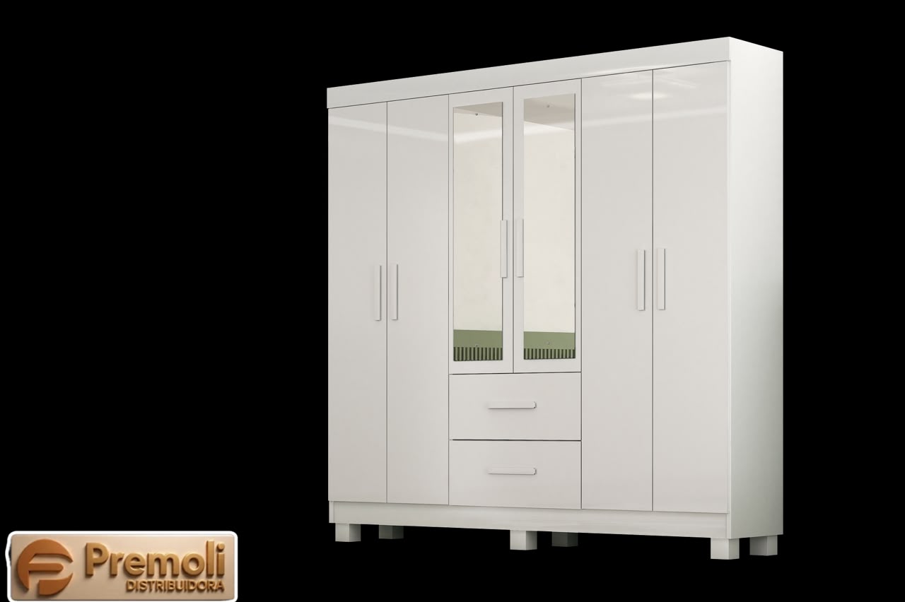 Guarda Roupa Cali 6 Portas 2 Gavetas C/Kit Pes C/ Espelho Cor Branco/Acetinado CHF Móveis - Imagem 3