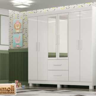 Guarda Roupa Cali 6 Portas 2 Gavetas C/Kit Pes C/ Espelho Cor Branco/Acetinado  CHF Móveis