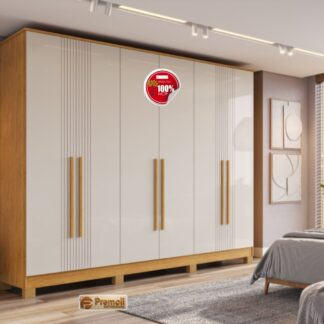 Roupeiro Modena 100% Mdf 6 Portas C/Kit Pes Cor Cinamomo/Off White Acetinado Chf Moveis
