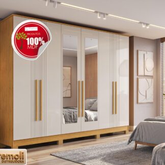 Roupeiro Modena 100% Mdf 6 Portas C/Kit Pes C/Espelho Cor Cinamomo/Off White Acetinado Chf Moveis
