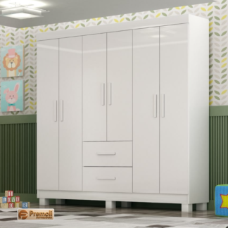 Guarda Roupa Cali 6 Portas 2 Gavetas C/Kit Pes Cor Branco/Acetinado  CHF Móveis