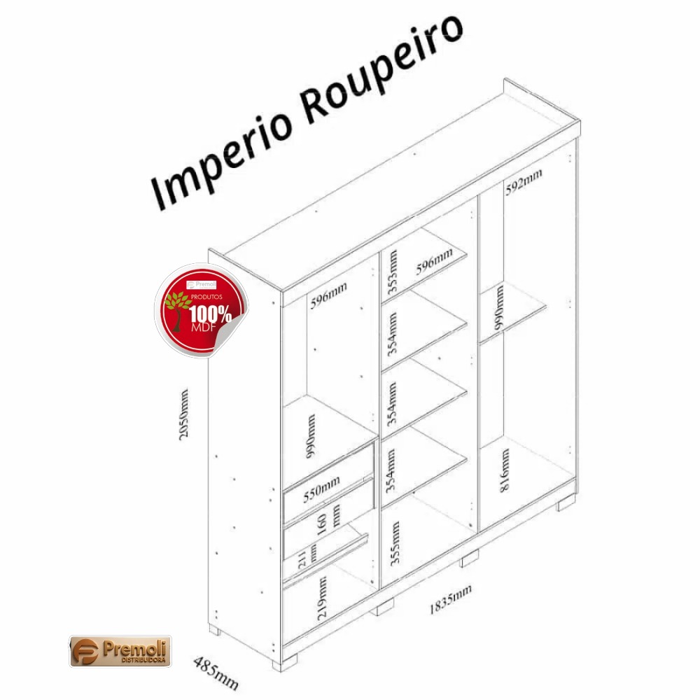 Roupeiro Imperio com 6 Portas Reflecta com Pés 100% MDF Off White - Imagem 4