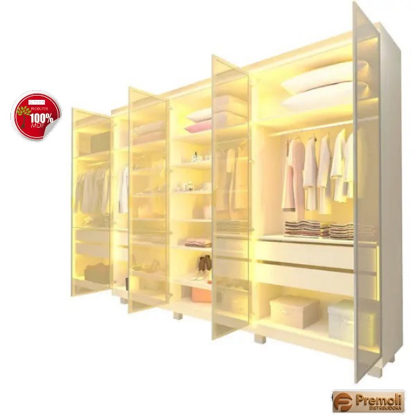 Roupeiro Casal Com Vidro Reflecta Led E Pés 6 Portas 100 Mdf Imperatriz Gelius - Imagem 2
