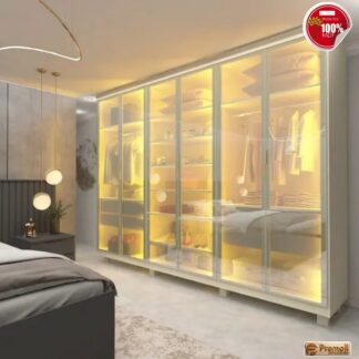 Roupeiro  Casal Com Vidro Reflecta Led E Pés 6 Portas 100 Mdf Imperatriz Gelius