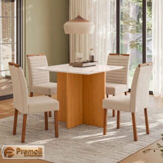 Mesa Helo 120X90 C/Vidro Off 04 Cadeira 1539 9 Linhas Madeira Maciça Cor Joly Bege 327 Movelart Imagens Ilustrativas