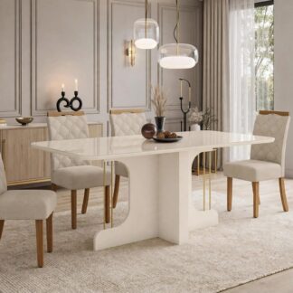 Mesa de Jantar Mavi 04 Cadeira Bela C/ Vidro Off White - Henn