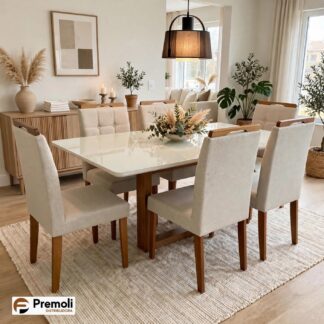 Mesa Jantar Safira Em Madeira Maciça 1.60×90 C/Vidro 6 Cad. Pérola 02 Cinza